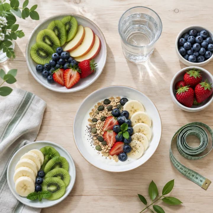 Een licht ontbijt met fruit en yoghurt, met een meetlint ernaast