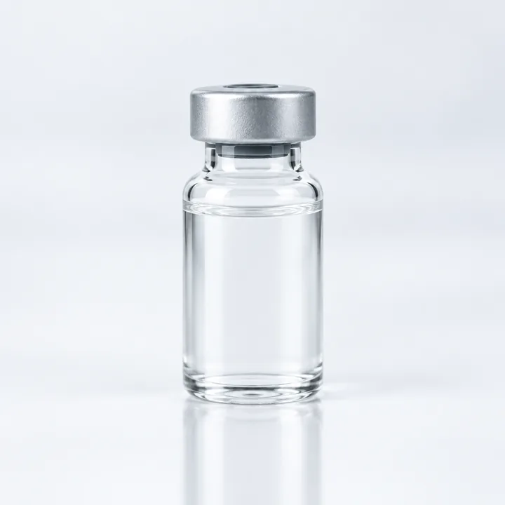 Een blanco glazen flacon met aluminium dop