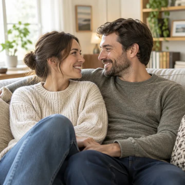 Een stel zit samen op de bank in een lichte woonkamer