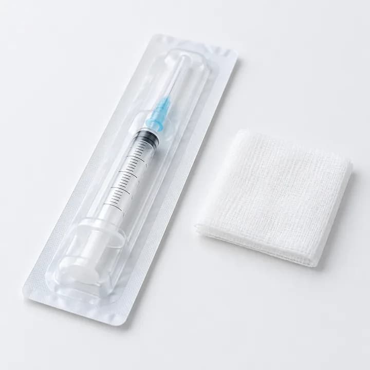 Een verzegelde injectiespuit in de verpakking naast een gaasje