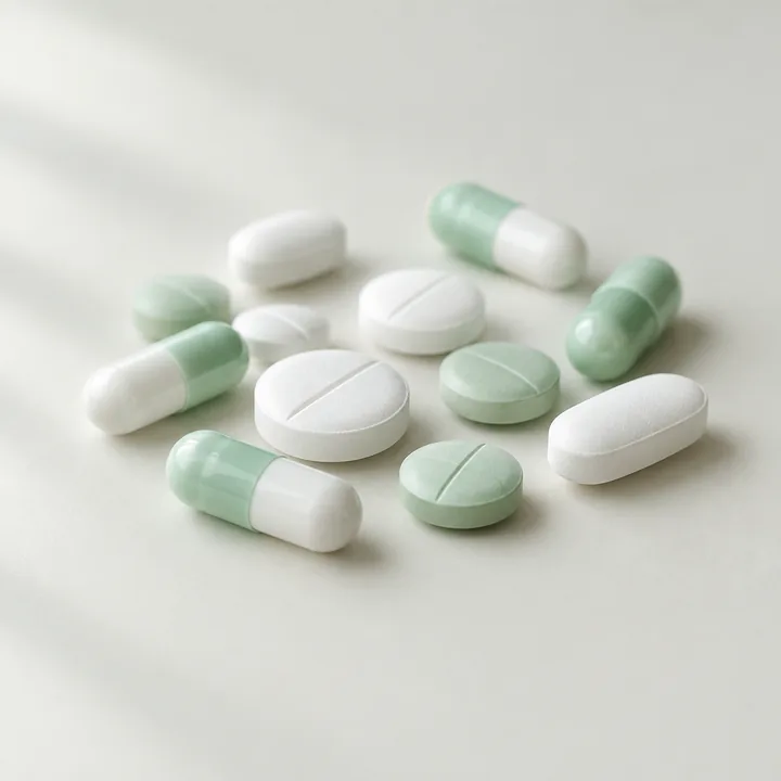 Losse tabletten en capsules op een licht werkblad