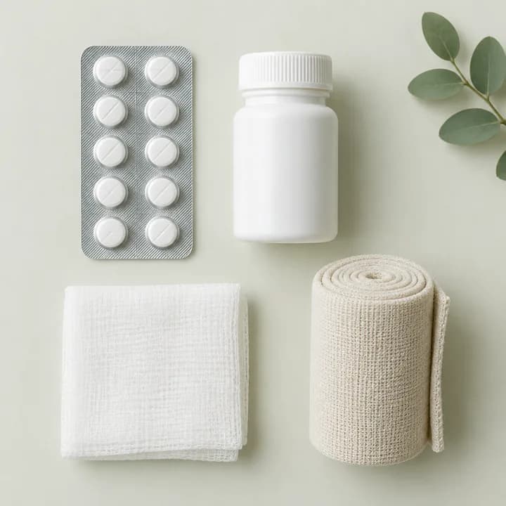 Een strip tabletten, een wit potje, een gaasje en een zwachtel