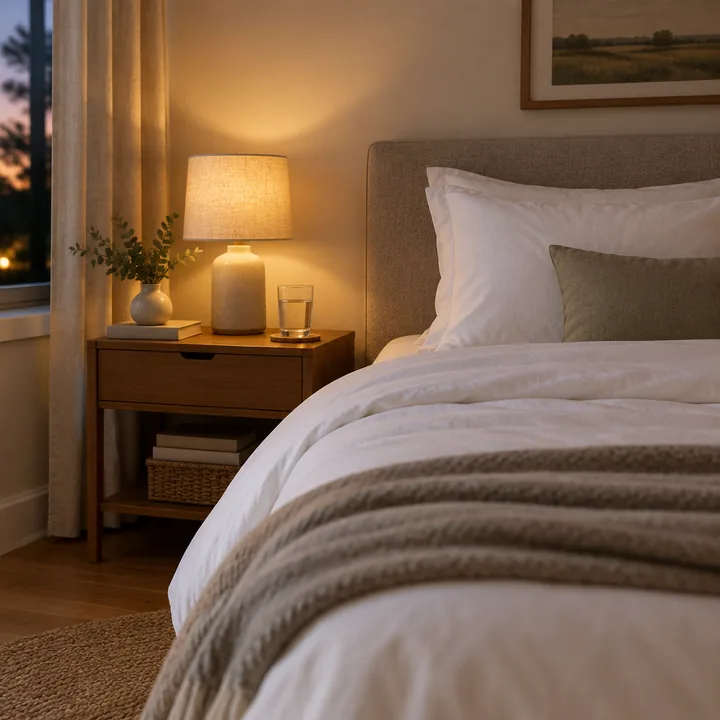 Een opgemaakt bed met een warme schemerlamp ernaast