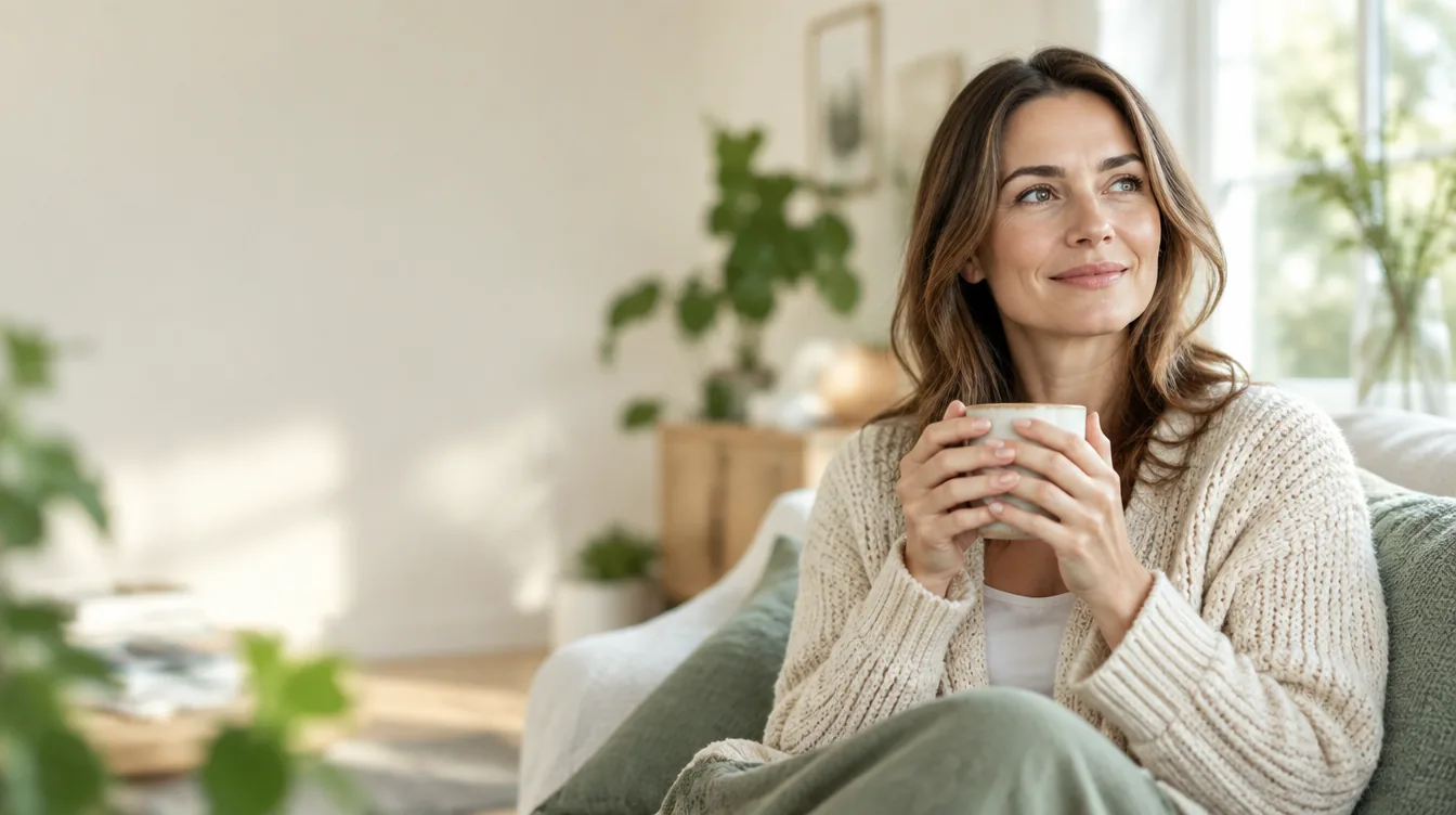 Vrouw met een kop thee in een lichte woonkamer
