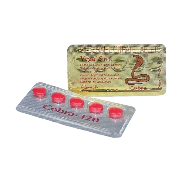 Twee strips Cobra 120 mg, een krachtig middel voor het ondersteunen van seksuele prestaties en erectiele functie.