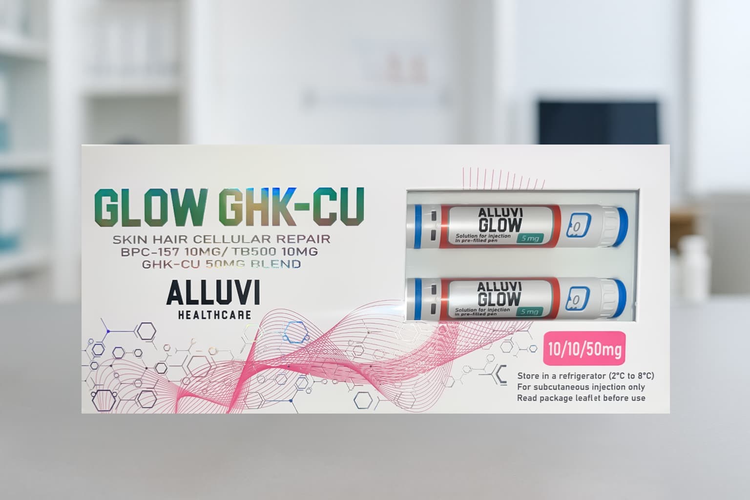 Alluvi Glow GHK-Cu verpakking met twee voorgevulde pennen BPC-157 TB-500 GHK-Cu