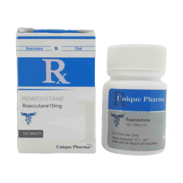 Afbeelding van een doosje en een potje Roaccutane van Unique Pharma, een medicijn met isotretinoïne voor de behandeling van ernstige acne.