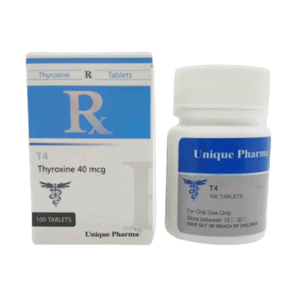 Doosje met een potje T4 van Unique Pharma, een schildklierhormoon voor metabolisme-ondersteuning en vetverlies.