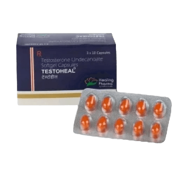 Afbeelding van een verpakking testosteron pillen met een strip, gebruikt voor hormoontherapie en testosteronvervanging.