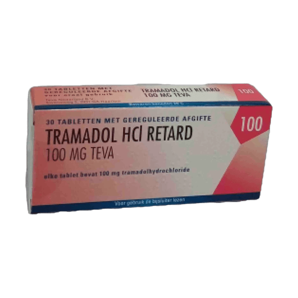 Afbeelding van een doosje Tramadol 100 mg retard van Teva, een pijnstiller met vertraagde afgifte voor de behandeling van matige tot ernstige pijn.