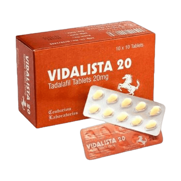 Doosje met een strip Vidalista 20 mg, een effectief middel met tadalafil voor verbeterde erectiele functie.